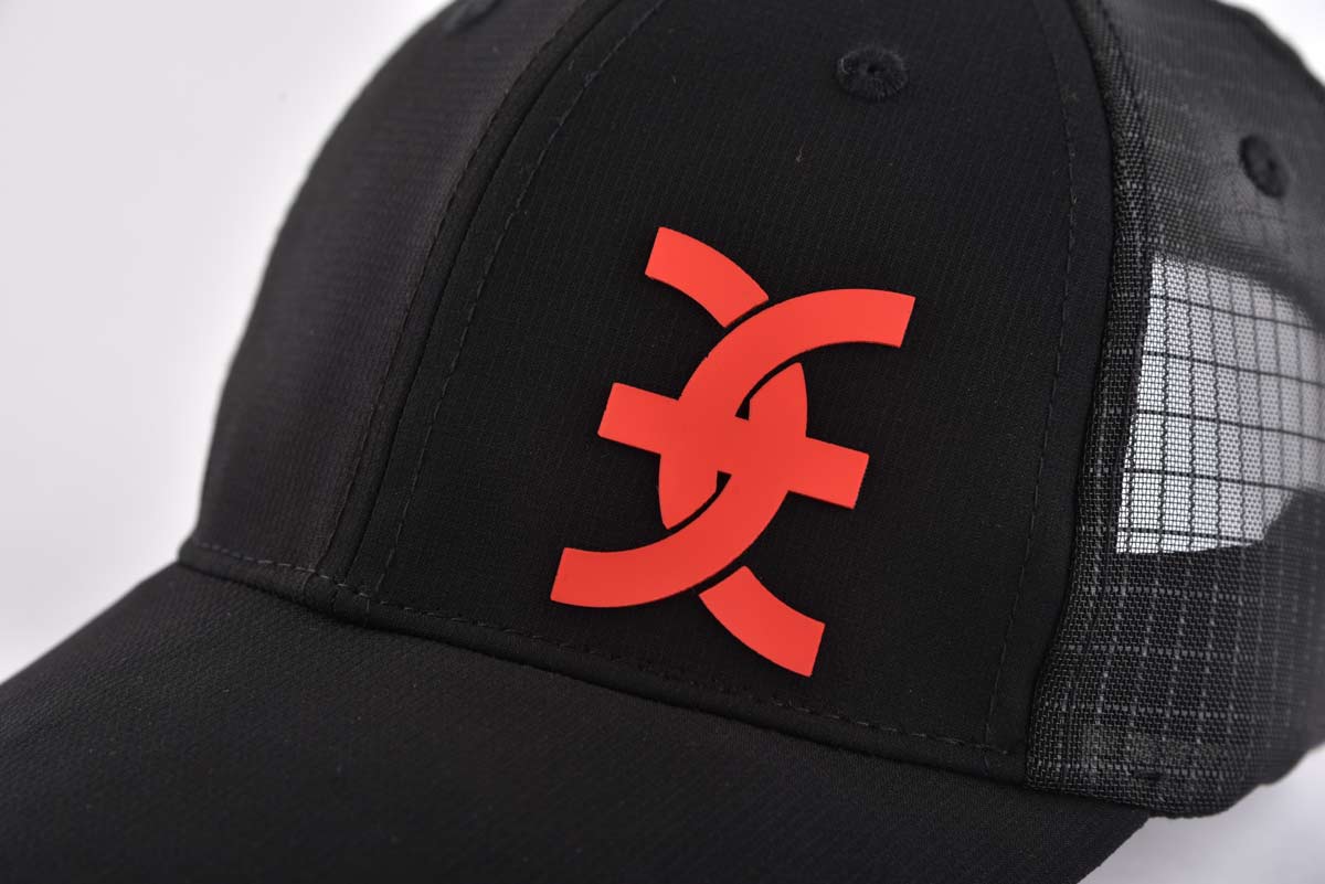 Streeter black curved brim trucker hat with red letter on the side front KN2012141